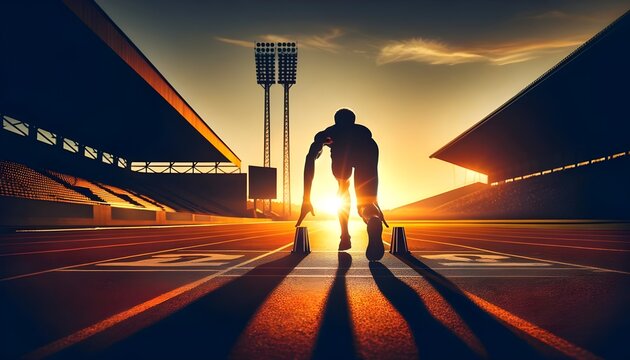 This image depicts a silhouette of a sprinter crouched in the starting blocks on a track, with the sun setting dramatically in the background, casting a warm glow and long shadows on the surface.

