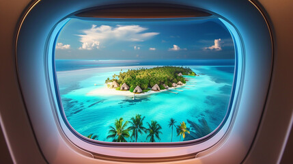 Airplane windows with tropical view. Travel concept. 