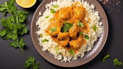 Rice with chicken in curry sauce and herbs on a plate with a horizontal top view.