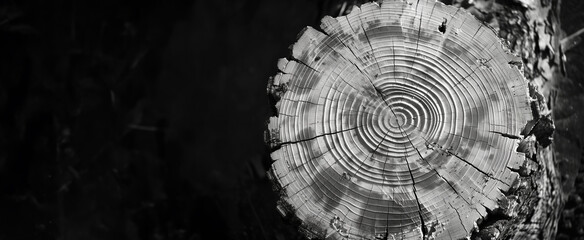 black and white portrait of tree rings over a dark background, with copy space