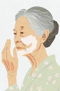 Sketch illustration. An old Asian woman applies cream to her face. Old age. on a white background