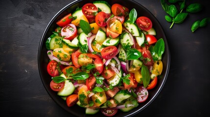 Salad with fresh summer vegetables, top view