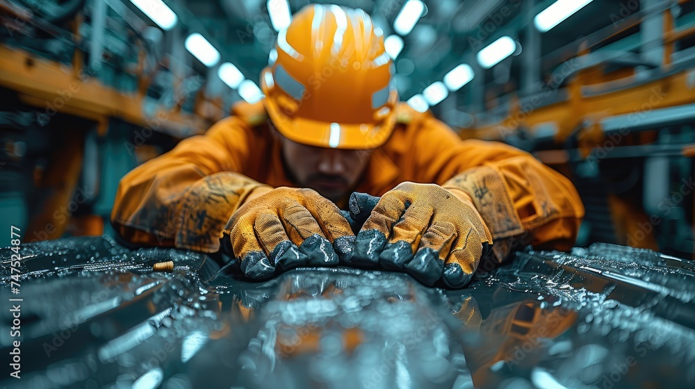 Poster close-up of a worker repairing a car. generative ai.