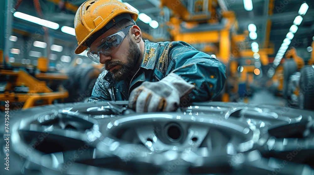 Poster close-up of a worker repairing a car. generative ai.