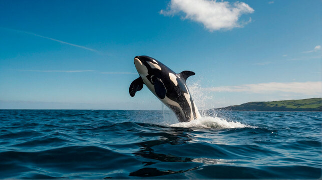 Orca wales jumping out of sea surface. World Oceans Day Save Environment Concept