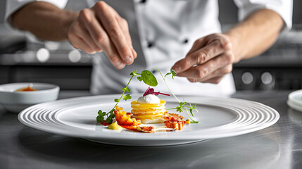 Obraz na płótnie Canvas Close up photo of a chef's hands crafting a gourmet dish