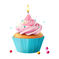 birthday cupcake with candle icing on transparent background