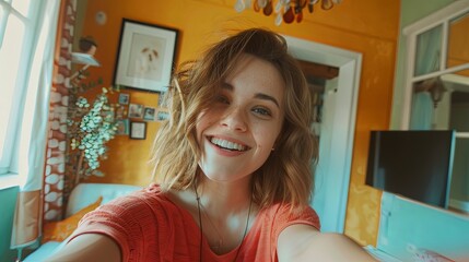 Hot teenage girl taking selfie smiling at home