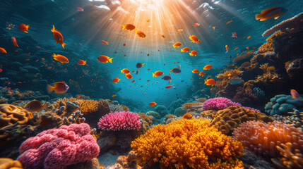 Fototapeta na wymiar Underwater photography, scuba divers swimming over a lively coral reef surrounded by small tropical fish in blue ocean