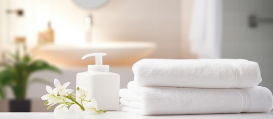 A stack of white towels neatly arranged on top of a white bathroom counter. The towels are placed beside an organic soap, with a blurred bathroom background. - obrazy, fototapety, plakaty