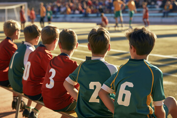 Group of school boys on the bench at soccer game. Youth football players watching tournament match. Kids wearing soccer jersey shirts - obrazy, fototapety, plakaty