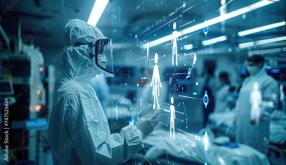 Poster Digital healthcare and network, Digital healthcare and network connection on hologram virtual interface. electronic medical record on digital interface. Generative AI.