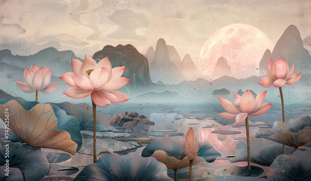 Poster lotus in the style of muted tones generative ai