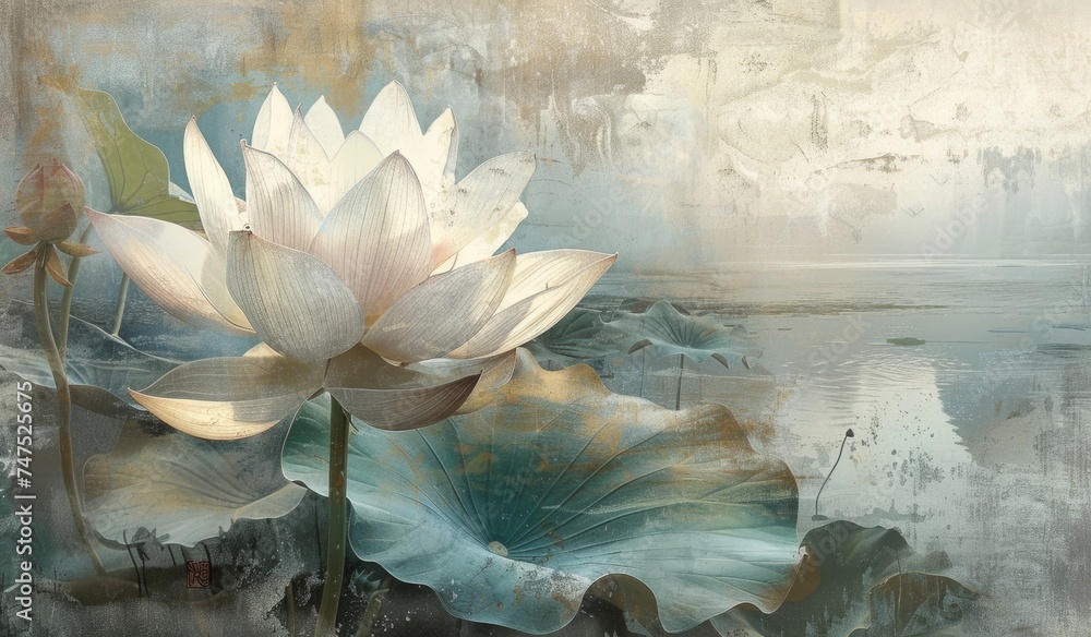 Poster lotus in the style of muted tones generative ai