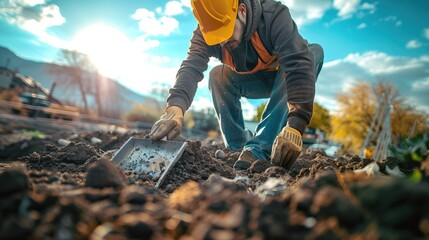 Construction worker is shoveling soil at construction worker site. Generative AI.