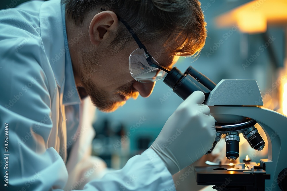 Aufkleber Close-up of a scientist using a microscope in a laboratory, conducting medical testing and research for advancements in healthcare. Generative AI.