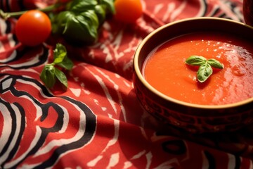 Macro view photography of a tasty gazpacho on a plastic tray against a natural linen fabric background. AI Generation