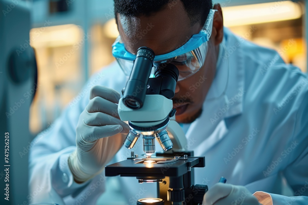Aufkleber close-up of a scientist using a microscope in a laboratory, conducting medical testing and research 