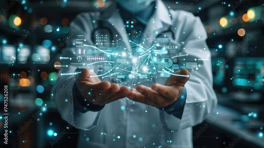 Poster Digital healthcare and network connection on hologram virtual interface. Doctor hold health icon. electronic medical record on digital interface. digital healthcare and network. Generative AI.