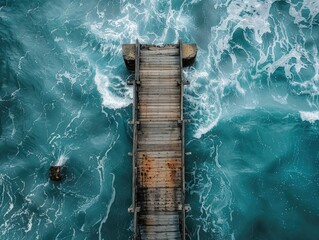 High angle view of the wooden bridge that goes down to the sea.
