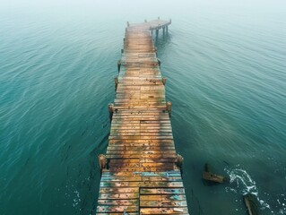 A long wooden bridge that goes down to the sea.