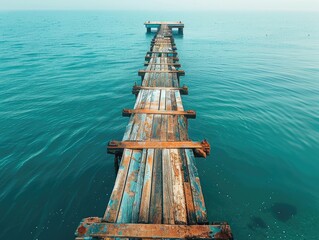 A long wooden bridge that goes down to the sea.