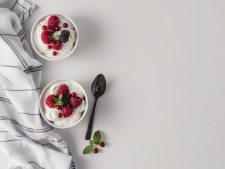 Bowls with yogurt and berries, spoon and towel on minimalist background