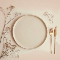 minimalist aesthetic. beige empty porcelain plate on pastel background with golden cutlery and dried flowers. 