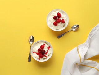Bowls with yogurt and berries, spoon and towel on minimalist background