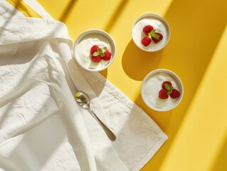 Bowls with yogurt and berries, spoon and towel on minimalist background