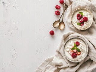 Bowls with yogurt and berries, spoon and towel on minimalist background