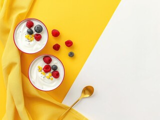 Bowls with yogurt and berries, spoon and towel on minimalist background