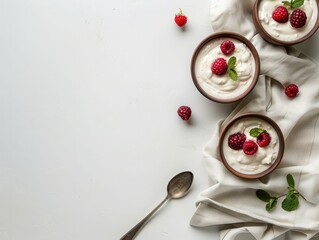 Bowls with yogurt and berries, spoon and towel on minimalist background