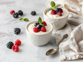 Bowls with yogurt and berries, spoon and towel on minimalist background