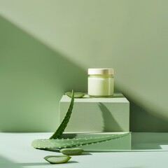 Jar with cream and cut aloe leaves on minimalist background