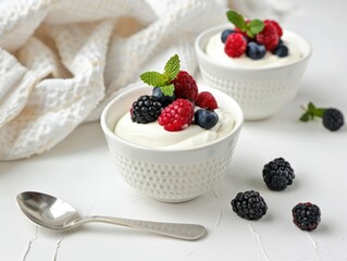 Bowls with yogurt and berries, spoon and towel on minimalist background