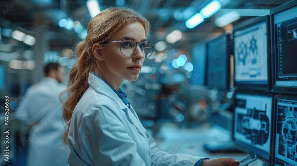 Aufkleber Facility Female Manager Talks Team of Industrial Engineers Developers Work on Engine Design Using Computers. Generative AI.