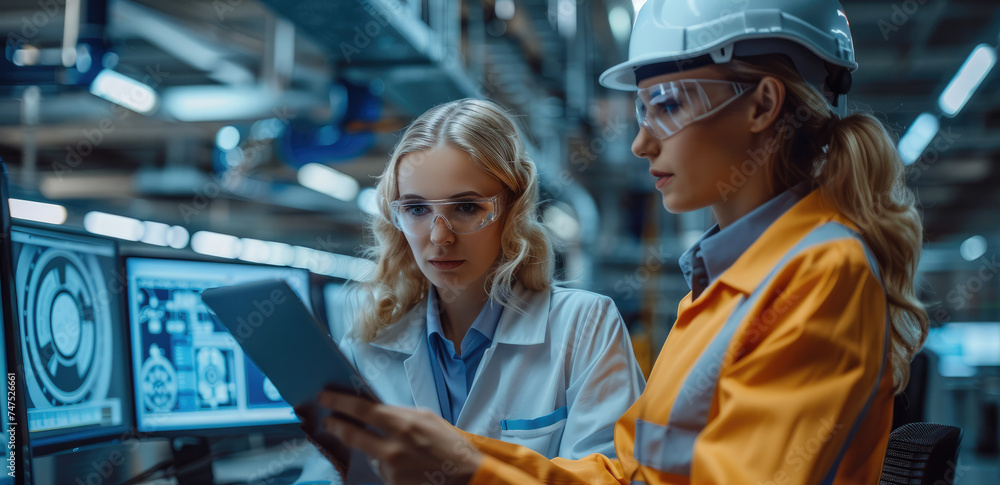Aufkleber Facility Female Manager Talks Team of Industrial Engineers Developers Work on Engine Design Using Computers. Generative AI.