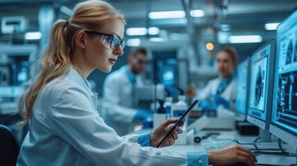 Obraz premium Facility Female Manager Talks Team of Industrial Engineers Developers Work on Engine Design Using Computers. Generative AI.