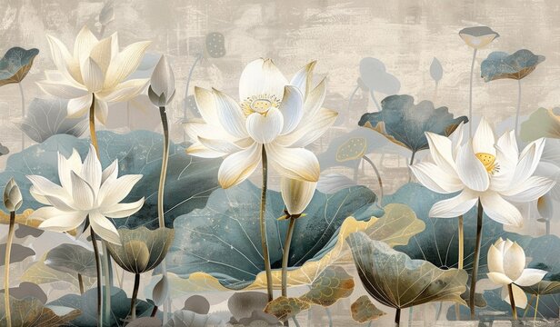a wallpaper of white lotus flowers on a beige background Generative AI