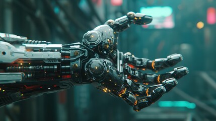 Detailed robotic arm in open gesture with neon cityscape background. Futuristic technology and artificial intelligence concept. Design for sci-fi poster, technology advertisement, digital wallpaper