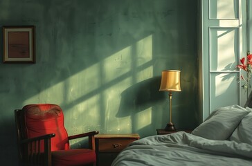 a bed, lamp and chair in the morning,