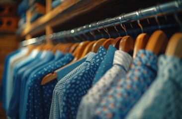 on hanger and blue and white shirts on it