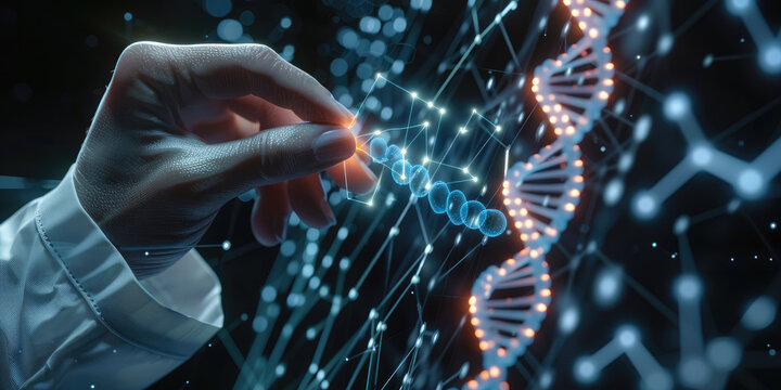 Close-up hand. Doctor touching electronic medical DNA. Digital healthcare and network connection on hologram modern virtual screen interface, medical technology and network. Generative AI.