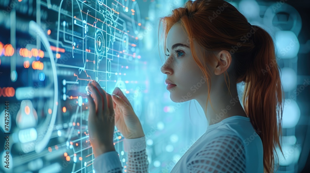 Poster female developer working with data processing in the future. generative ai.