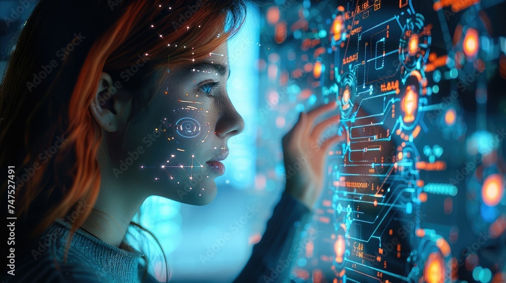 Aufkleber Female developer working with data processing in the future. Generative AI.