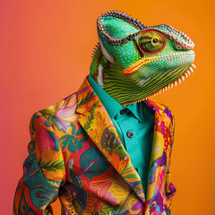 Obraz premium A charming chameleon in a vibrant patterned suit blending into a colorful studio background symbolizing adaptability in business