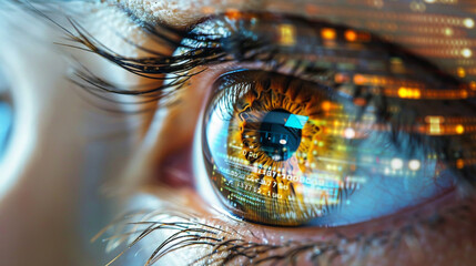 A close up of an eye with reflections of binary code embodying cutting edge security technology on a cybernetic background