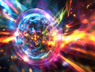 A close up photorealistic depiction of vibrant fusion energy reactions within a transparent sphere emitting a dazzling spectrum of colors against a dark background