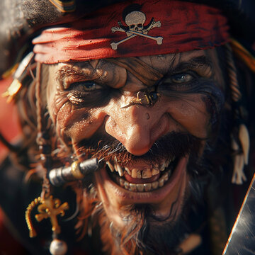A cinematic close up of a pirates sneer a cutlass clenched between teeth the blurred Jolly Roger flag waving in the background